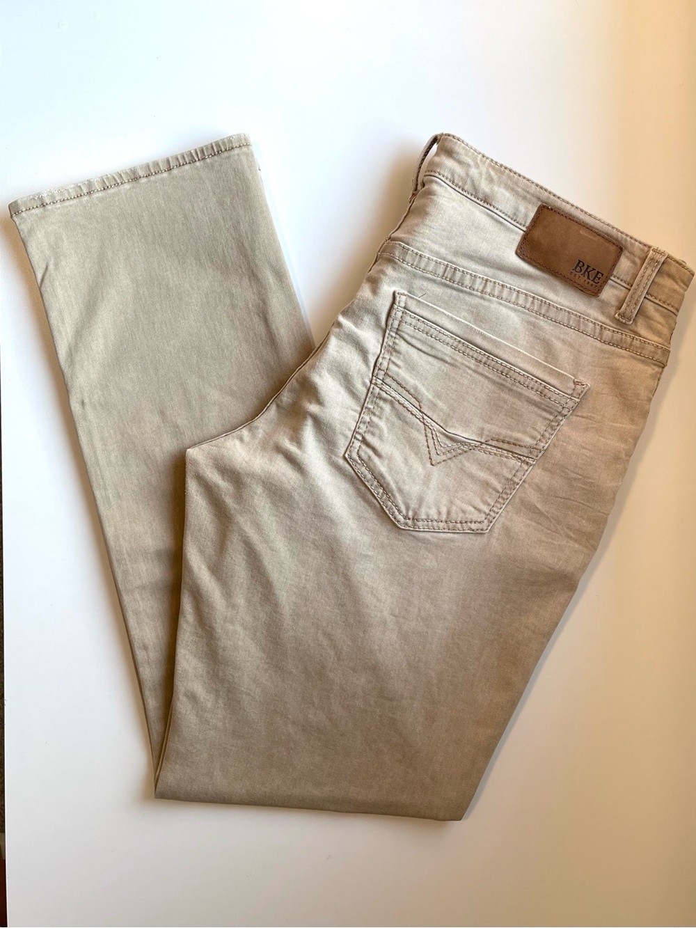 BKE Nolan Sandstone Wash Jeans - Tan Straight Leg & Stretchy - Size 36 | 32